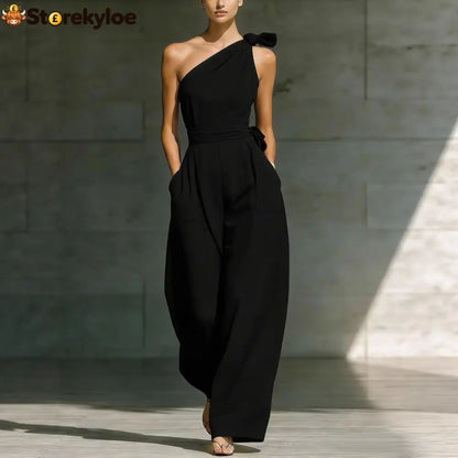 Sleeveless Slanted Shoulder Waist Jumpsuit - Black / S