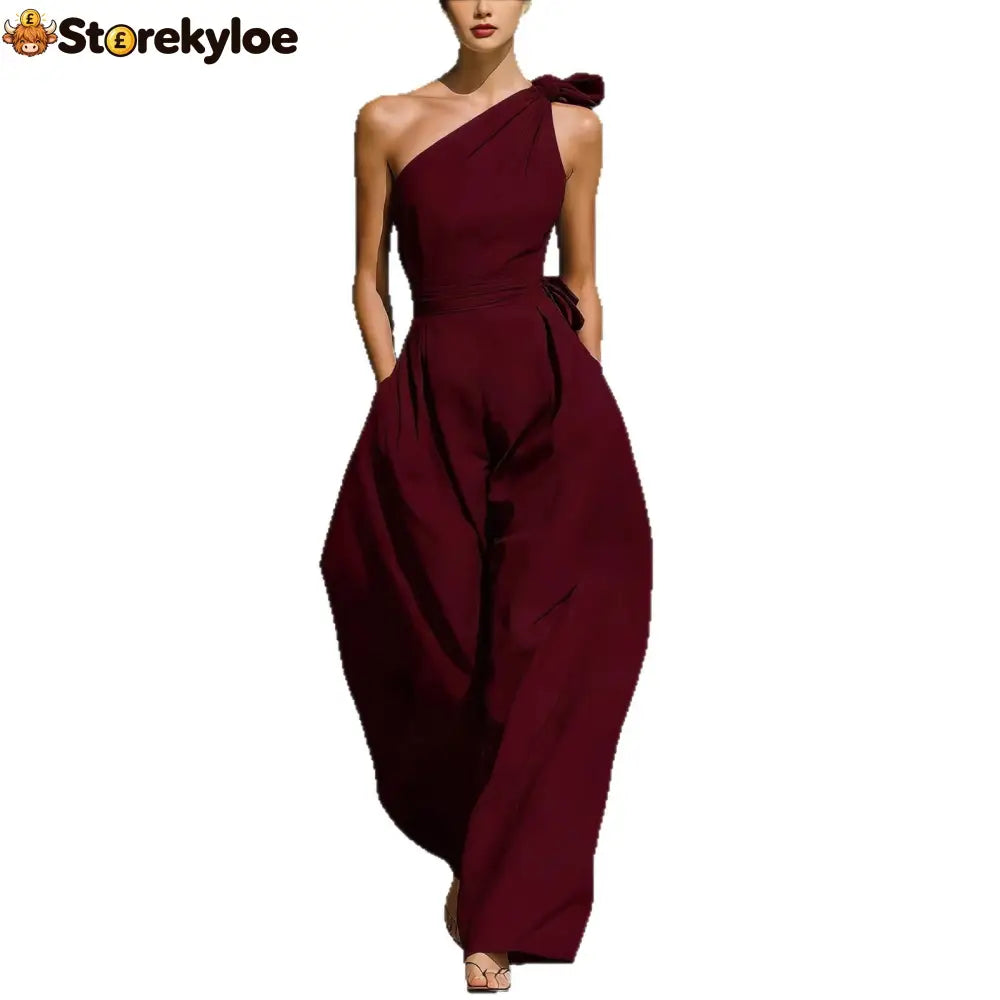 Sleeveless Slanted Shoulder Waist Jumpsuit - Claret / S