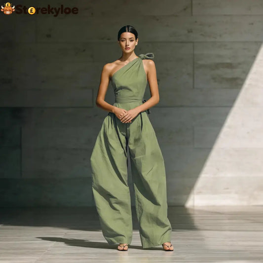 Sleeveless Slanted Shoulder Waist Jumpsuit - Green / S