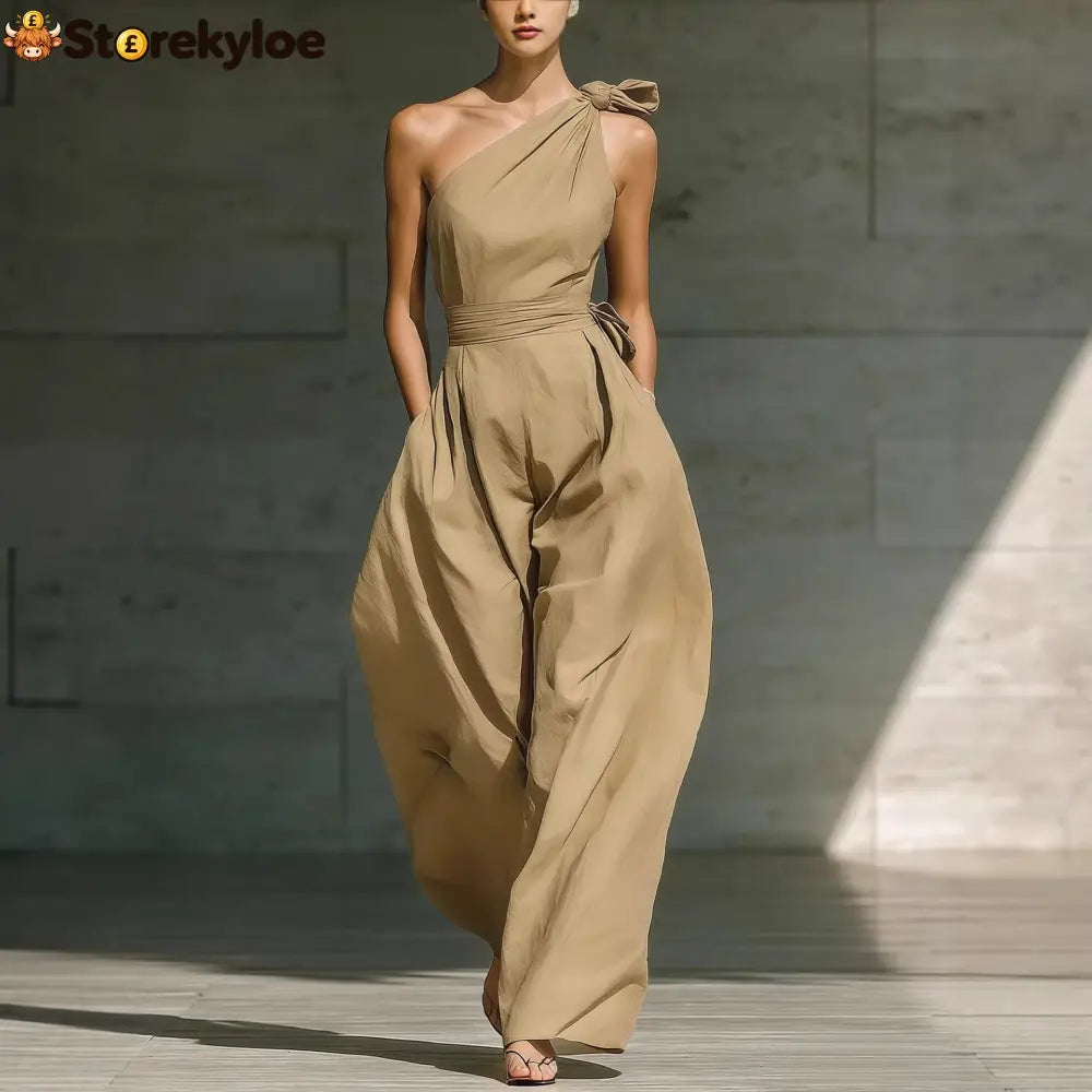 Sleeveless Slanted Shoulder Waist Jumpsuit - Khaki / S