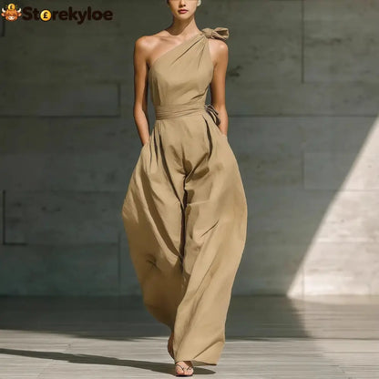 Sleeveless Slanted Shoulder Waist Jumpsuit - Khaki / S