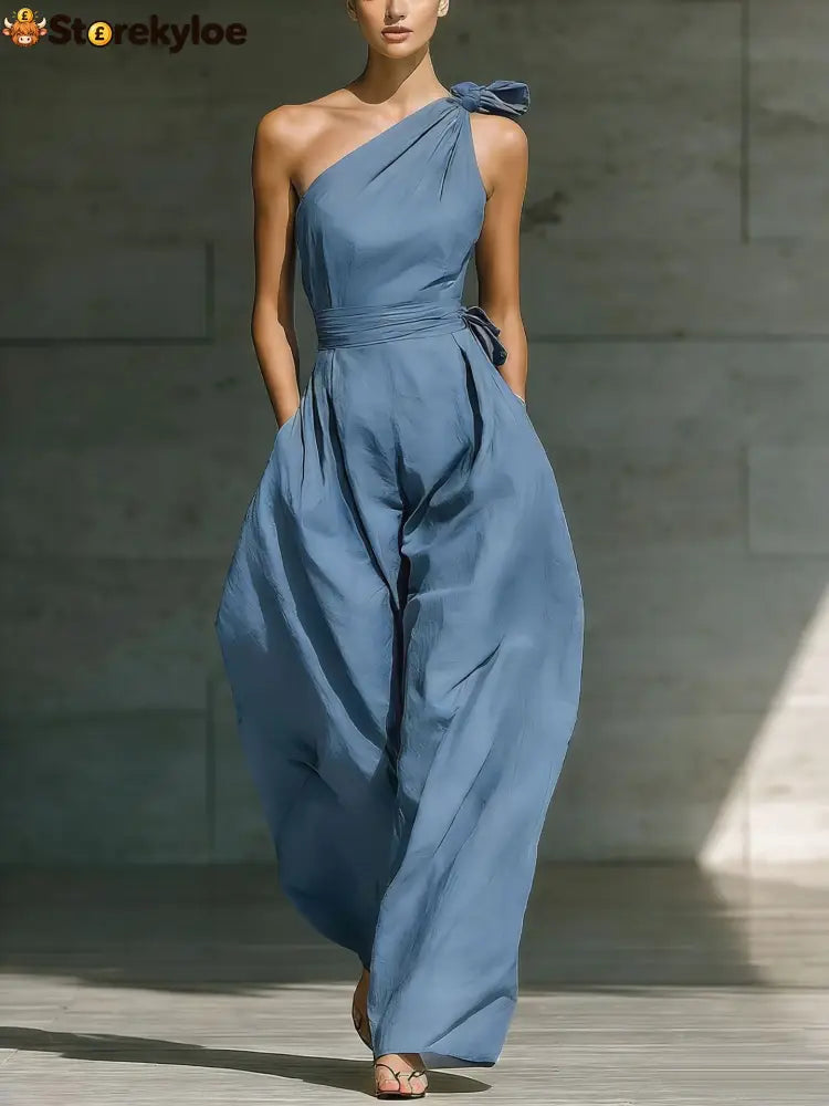 Sleeveless Slanted Shoulder Waist Jumpsuit - Light blue / S