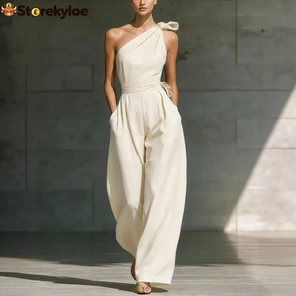 Sleeveless Slanted Shoulder Waist Jumpsuit - Off white / S