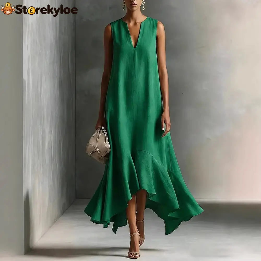 Sleeveless V-Neck Linen Midi Dress with Ruffled Hem