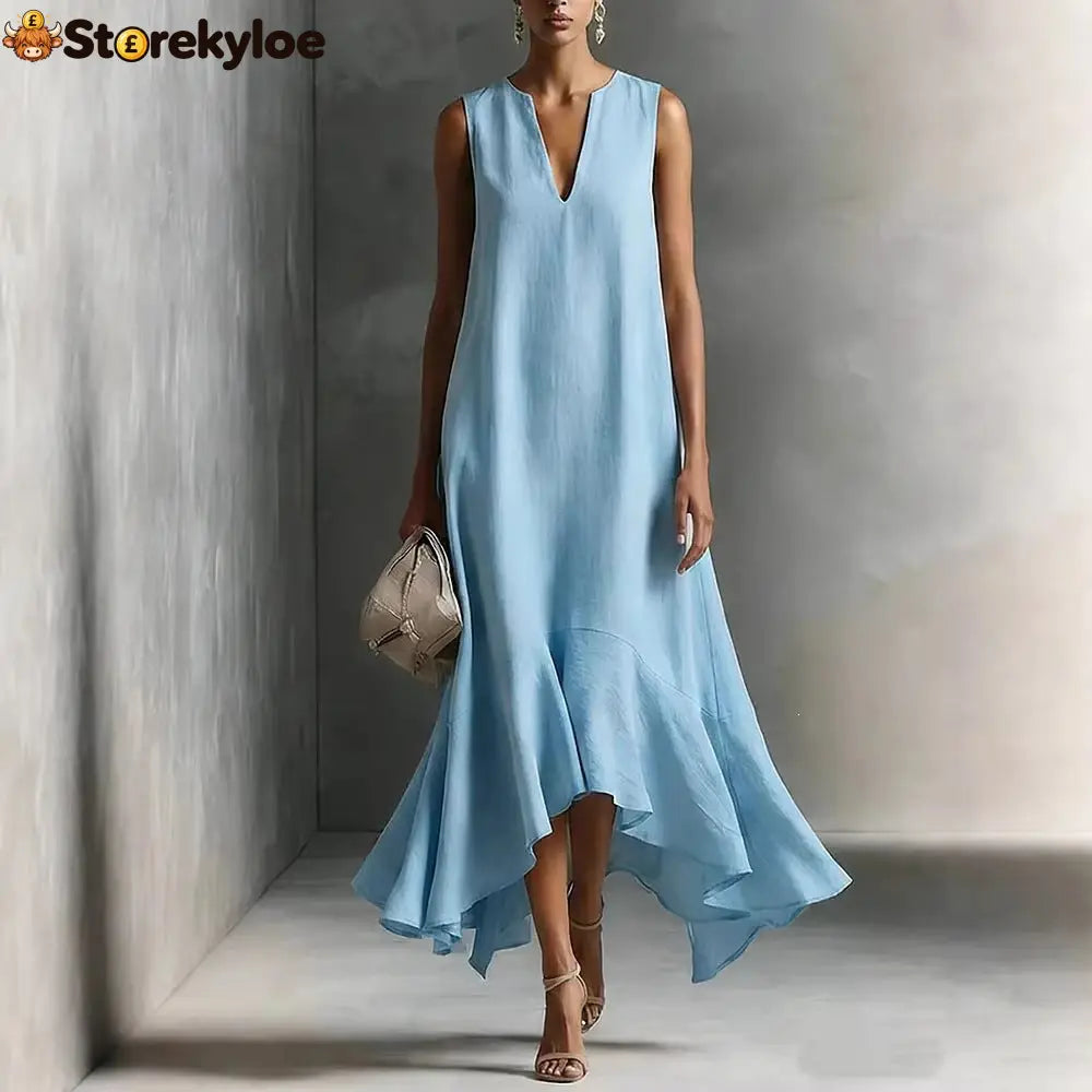 Sleeveless V-Neck Linen Midi Dress with Ruffled Hem