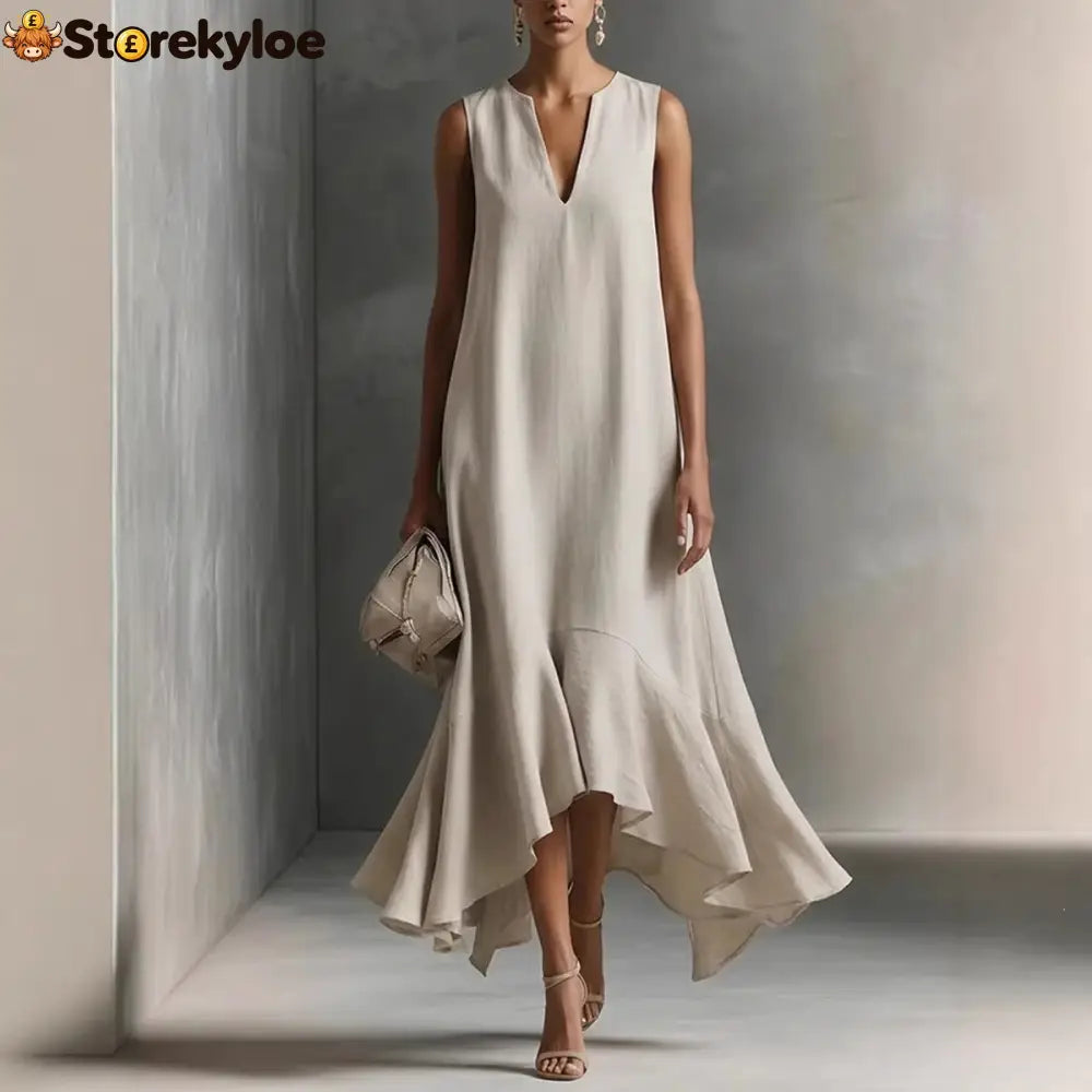 Sleeveless V-Neck Linen Midi Dress with Ruffled Hem