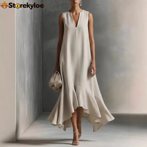 Sleeveless V-Neck Linen Midi Dress with Ruffled Hem