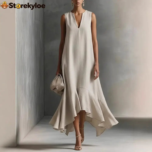 Sleeveless V-Neck Linen Midi Dress with Ruffled Hem