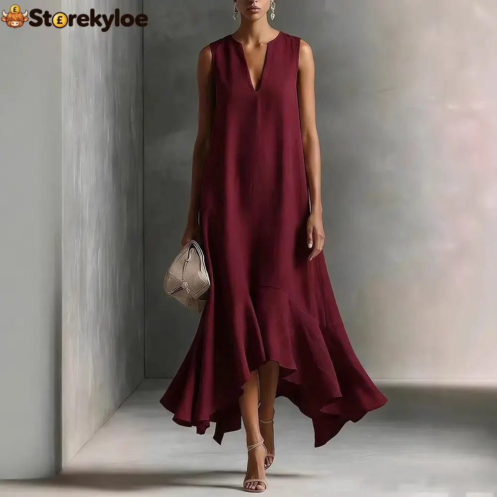 Sleeveless V-Neck Linen Midi Dress with Ruffled Hem
