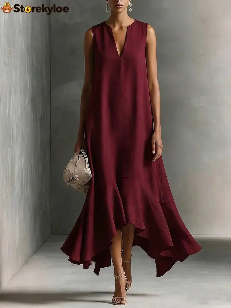 Sleeveless V-Neck Linen Midi Dress with Ruffled Hem - Burgundy / S