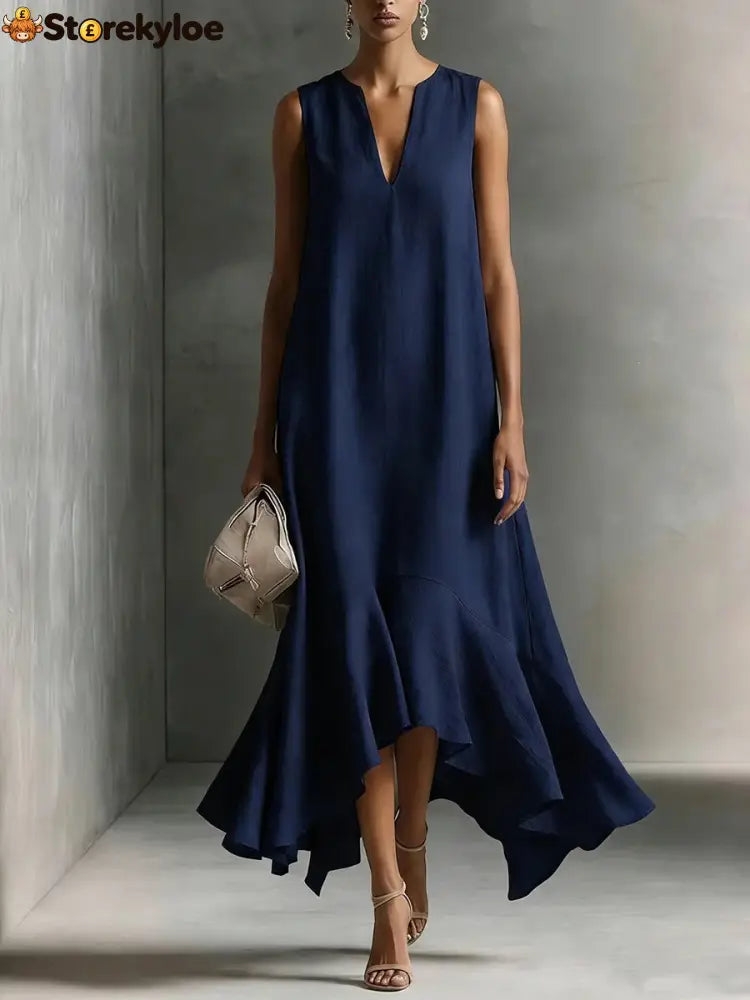 Sleeveless V-Neck Linen Midi Dress with Ruffled Hem - Navy / S