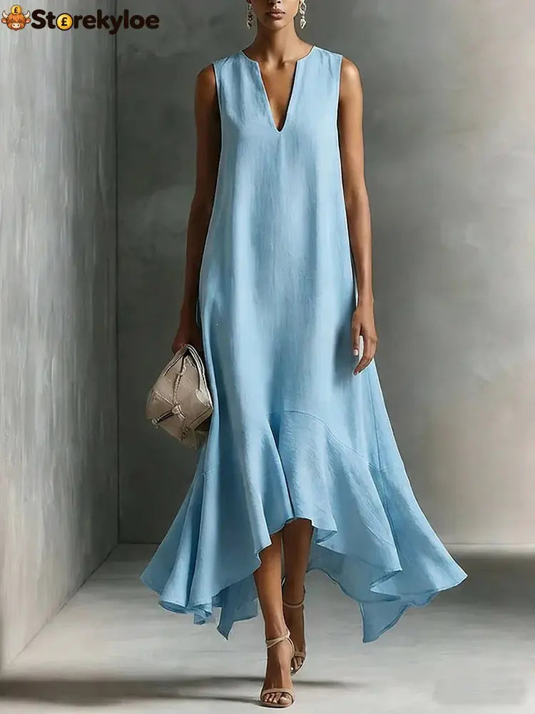 Sleeveless V-Neck Linen Midi Dress with Ruffled Hem - Sky blue / S