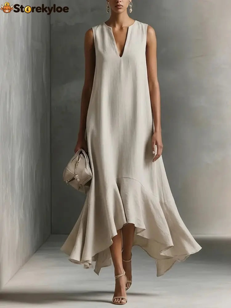 Sleeveless V-Neck Linen Midi Dress with Ruffled Hem - White / S