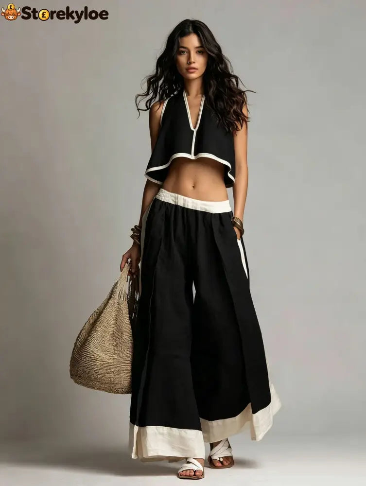 Sleeveless V-Neck Two-Piece Set – Solid Color Lounge & Casual Outfit - Black / XS
