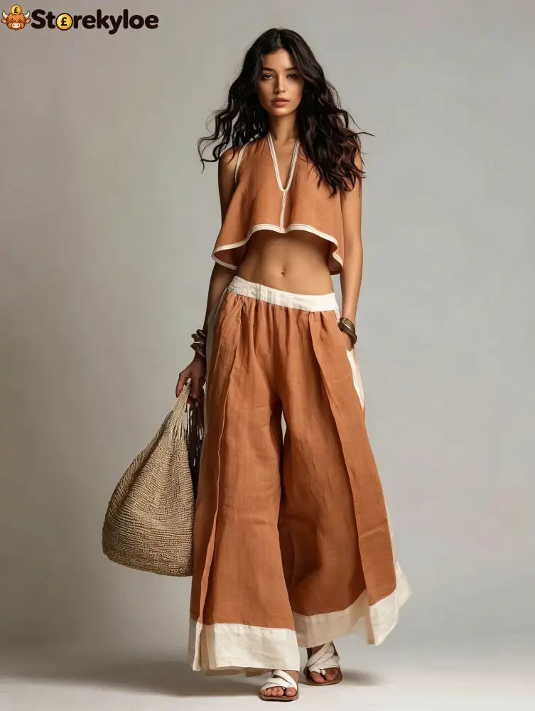 Sleeveless V-Neck Two-Piece Set – Solid Color Lounge & Casual Outfit - Caramel color / XS