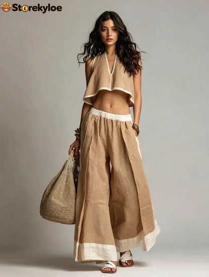 Sleeveless V-Neck Two-Piece Set – Solid Color Lounge & Casual Outfit - Khaki / XS