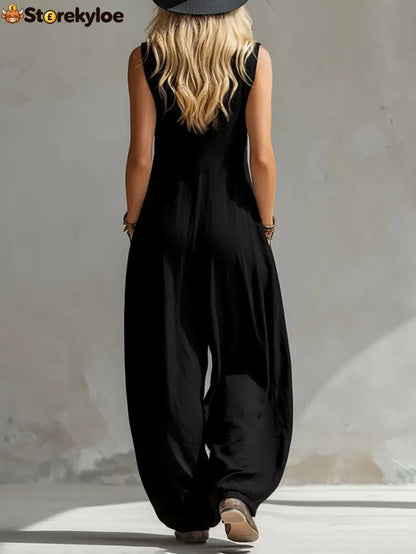 Sleeveless Wide Leg Buttoned Pockets Solid Color V-Neck Jumpsuits
