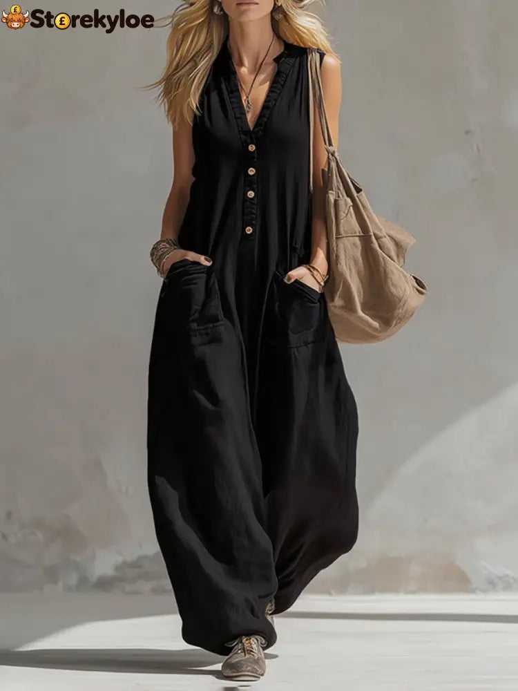 Sleeveless Wide Leg Buttoned Pockets Solid Color V-Neck Jumpsuits - BLACK / S