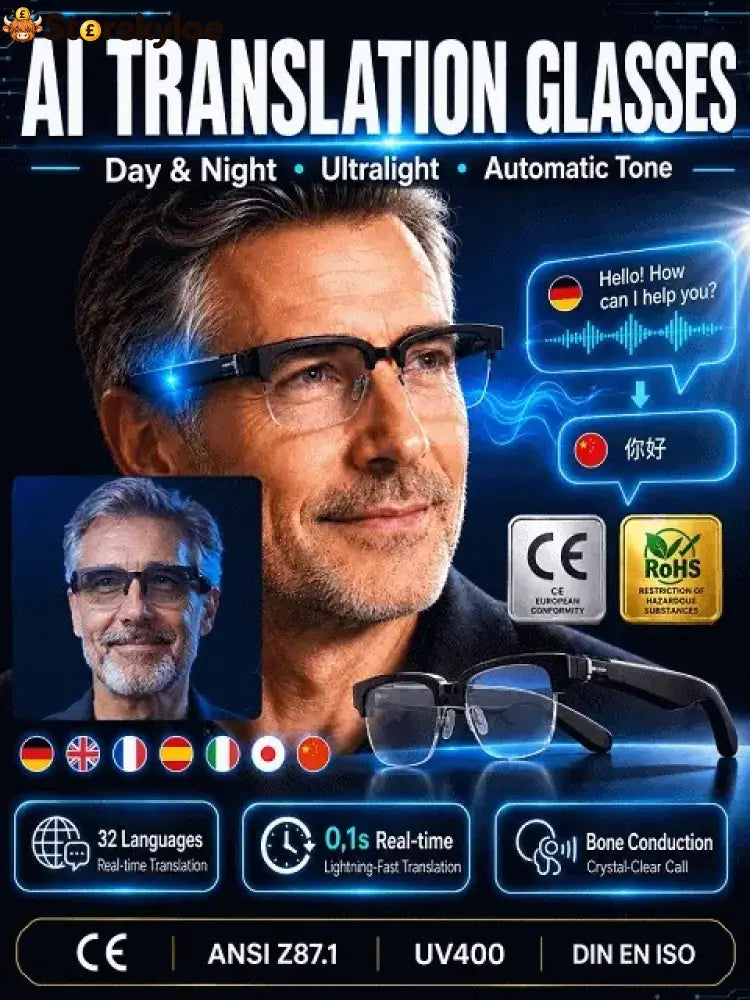 Smart Zoom Color-Changing Solar Real-Time AI Translation Glasses - Black