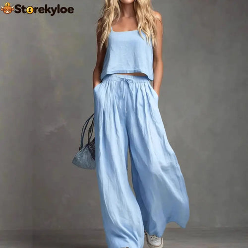 Solid Color Casual Cotton And Linen Suspender Tops Wide-Leg Pants Suit