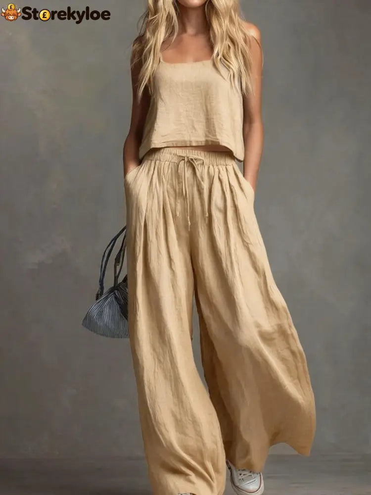 Solid Color Casual Cotton And Linen Suspender Tops Wide-Leg Pants Suit - Apricot / S