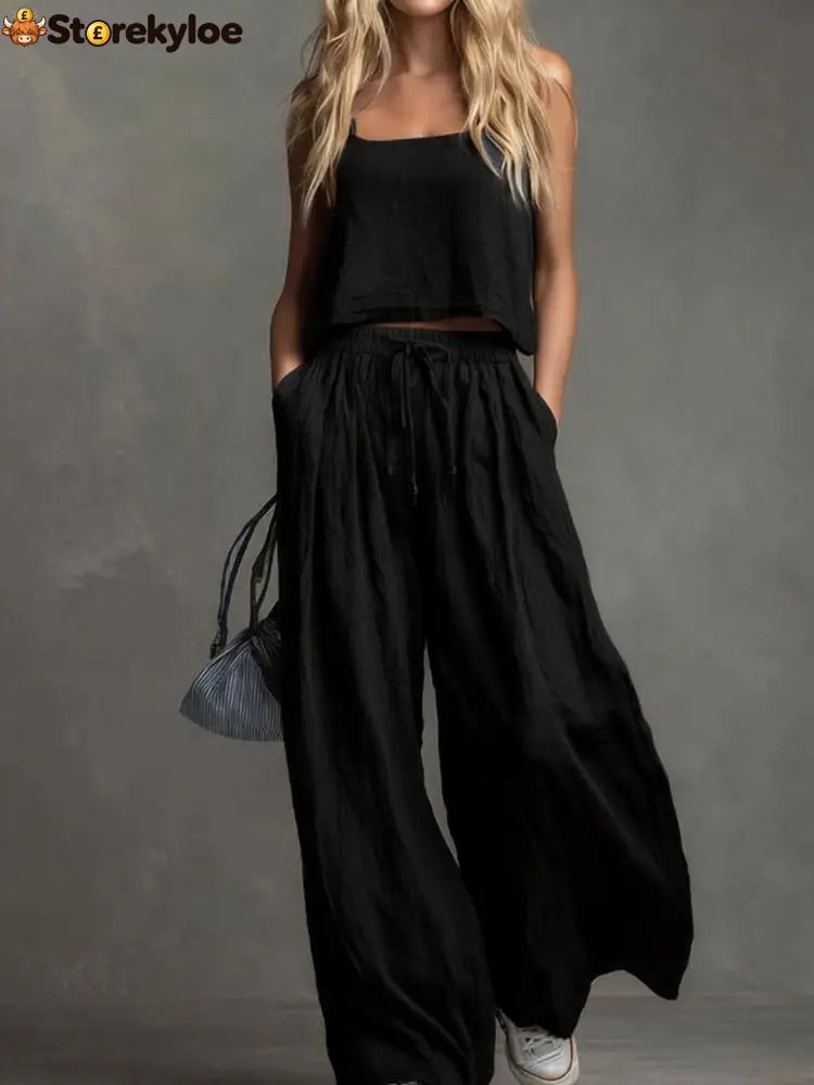 Solid Color Casual Cotton And Linen Suspender Tops Wide-Leg Pants Suit - Black / S