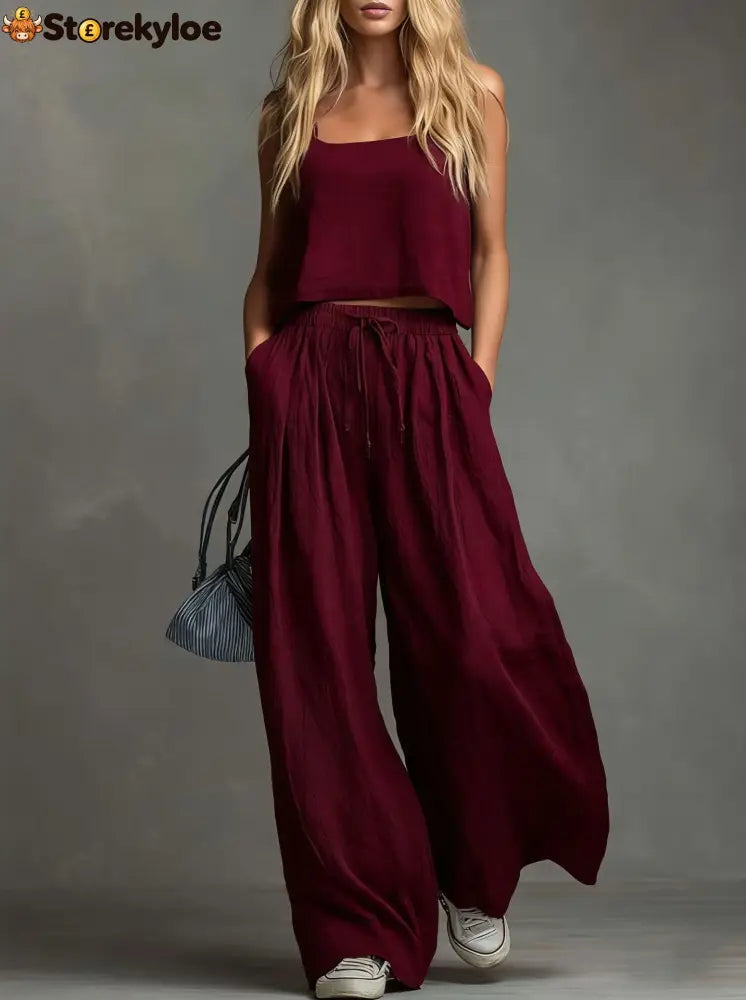 Solid Color Casual Cotton And Linen Suspender Tops Wide-Leg Pants Suit - Claret / S