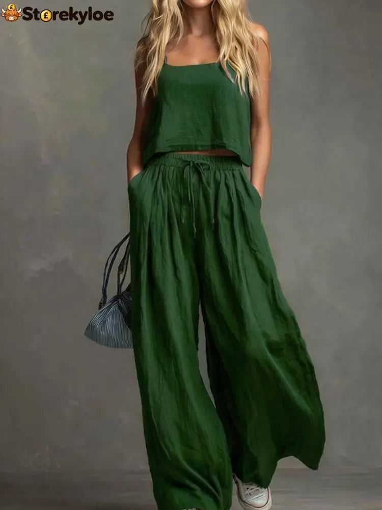 Solid Color Casual Cotton And Linen Suspender Tops Wide-Leg Pants Suit - Green / S