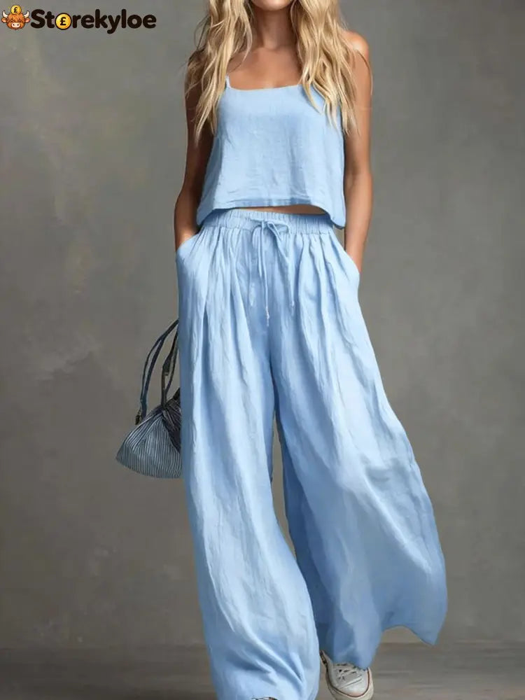 Solid Color Casual Cotton And Linen Suspender Tops Wide-Leg Pants Suit - Light blue / S