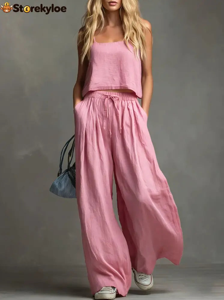 Solid Color Casual Cotton And Linen Suspender Tops Wide-Leg Pants Suit - Pink / S