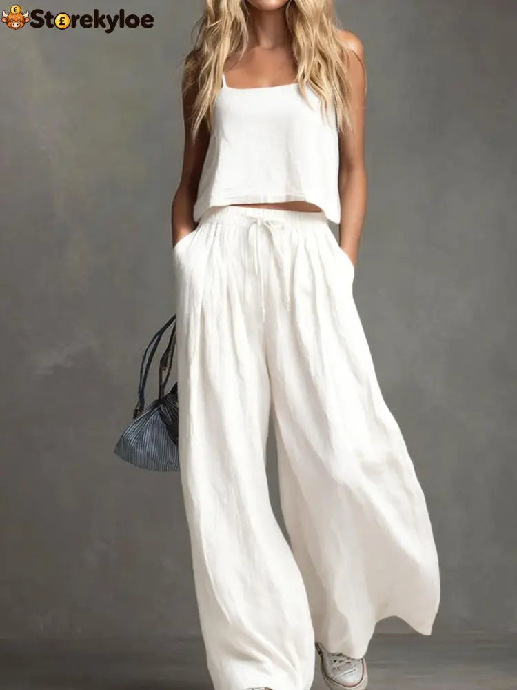 Solid Color Casual Cotton And Linen Suspender Tops Wide-Leg Pants Suit - White / S