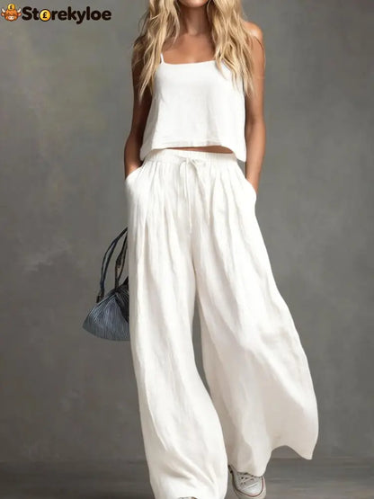 Solid Color Casual Cotton And Linen Suspender Tops Wide-Leg Pants Suit - White / S