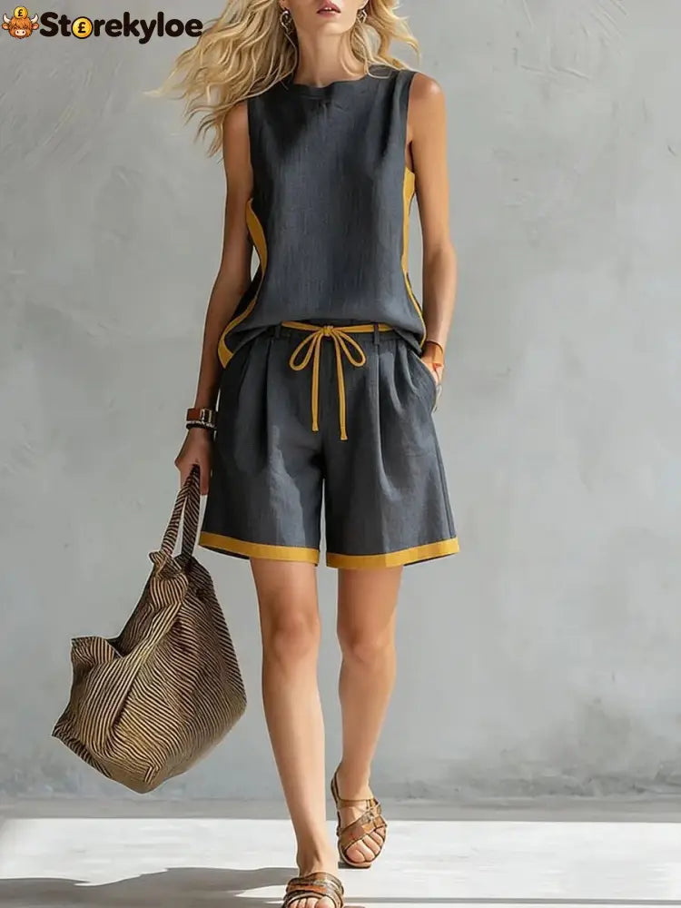 Solid Color Loose Casual Vest and Shorts Set - Gray / S