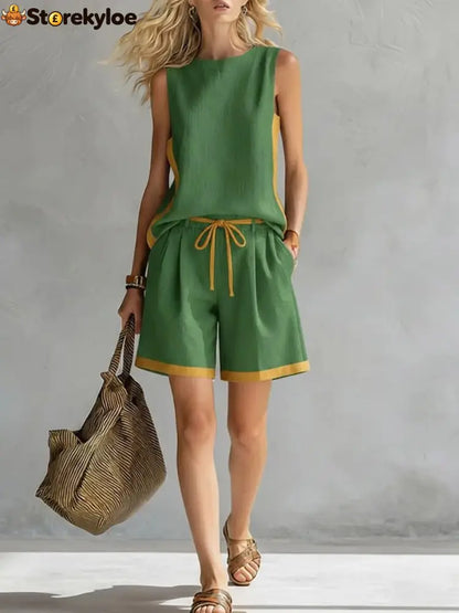 Solid Color Loose Casual Vest and Shorts Set - Green / S