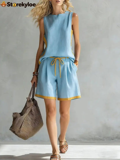 Solid Color Loose Casual Vest and Shorts Set - Sky Blue / S