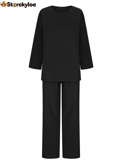 Solid Color Loose Long Sleeves Round-Neck Shirts Top + Drawstring Pants Bottom Two Pieces Set