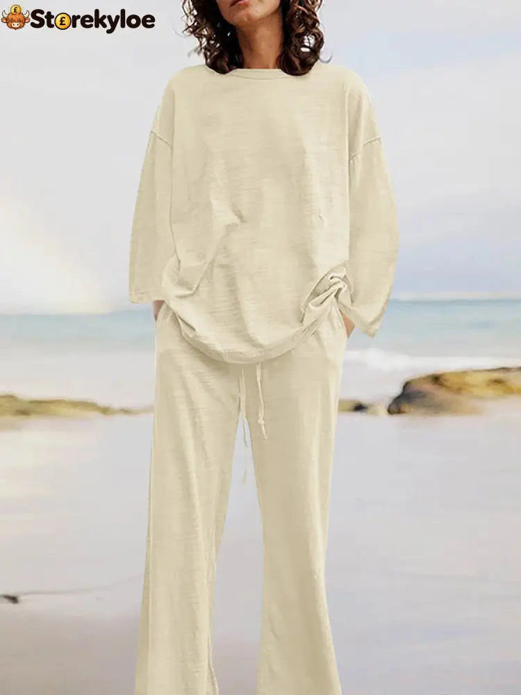 Solid Color Loose Long Sleeves Round-Neck Shirts Top + Drawstring Pants Bottom Two Pieces Set