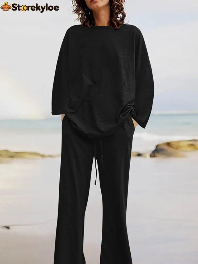 Solid Color Loose Long Sleeves Round-Neck Shirts Top + Drawstring Pants Bottom Two Pieces Set