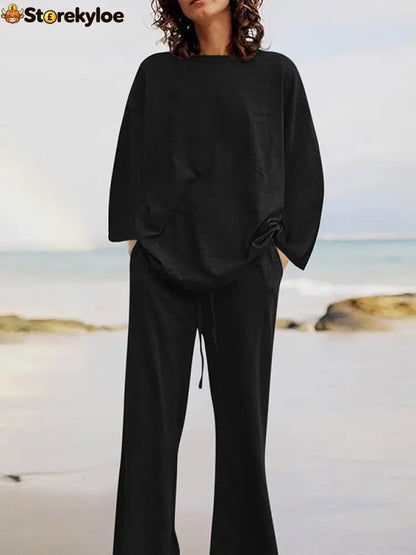 Solid Color Loose Long Sleeves Round-Neck Shirts Top + Drawstring Pants Bottom Two Pieces Set