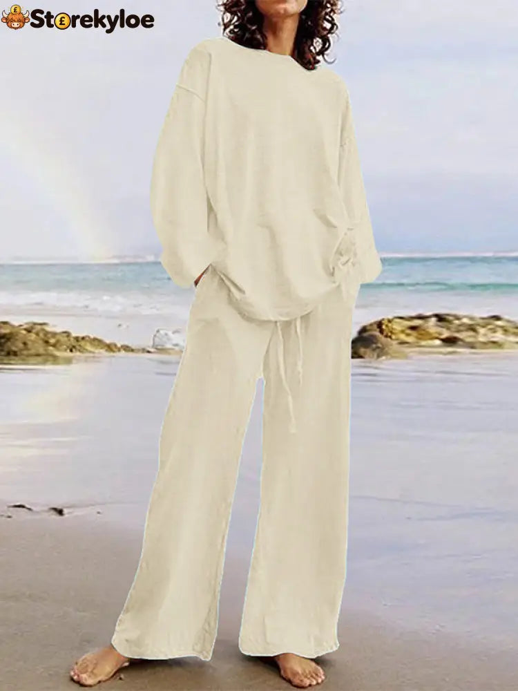Solid Color Loose Long Sleeves Round-Neck Shirts Top + Drawstring Pants Bottom Two Pieces Set - beige / S