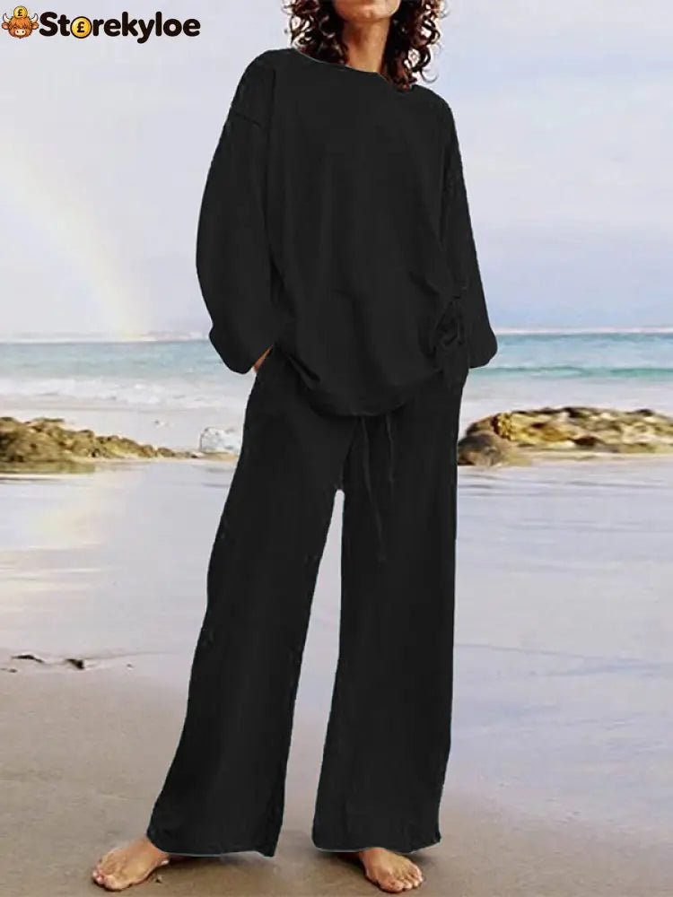 Solid Color Loose Long Sleeves Round-Neck Shirts Top + Drawstring Pants Bottom Two Pieces Set - BLACK / S