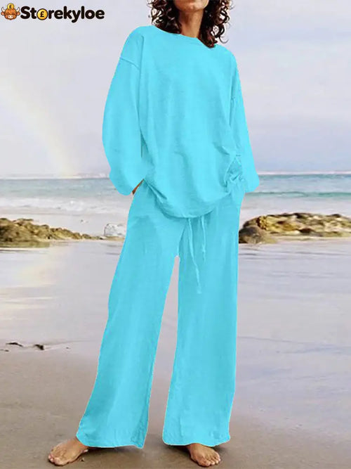 Solid Color Loose Long Sleeves Round-Neck Shirts Top + Drawstring Pants Bottom Two Pieces Set - sky blue / S