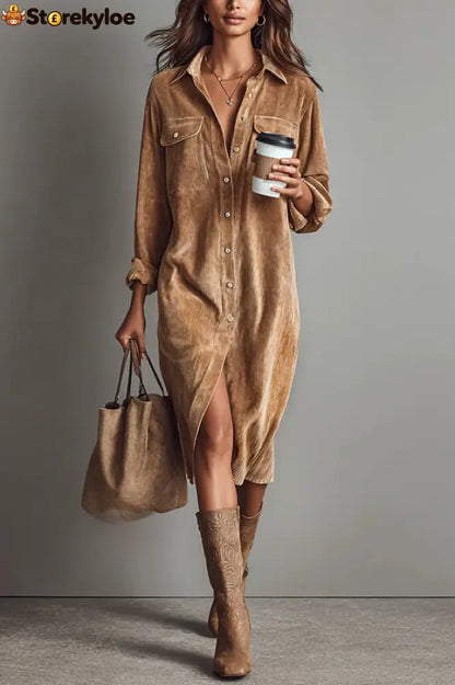 Solid Color Single-Breasted Pocket Casual Shirt-Style Midi Dress - Apricot / XS