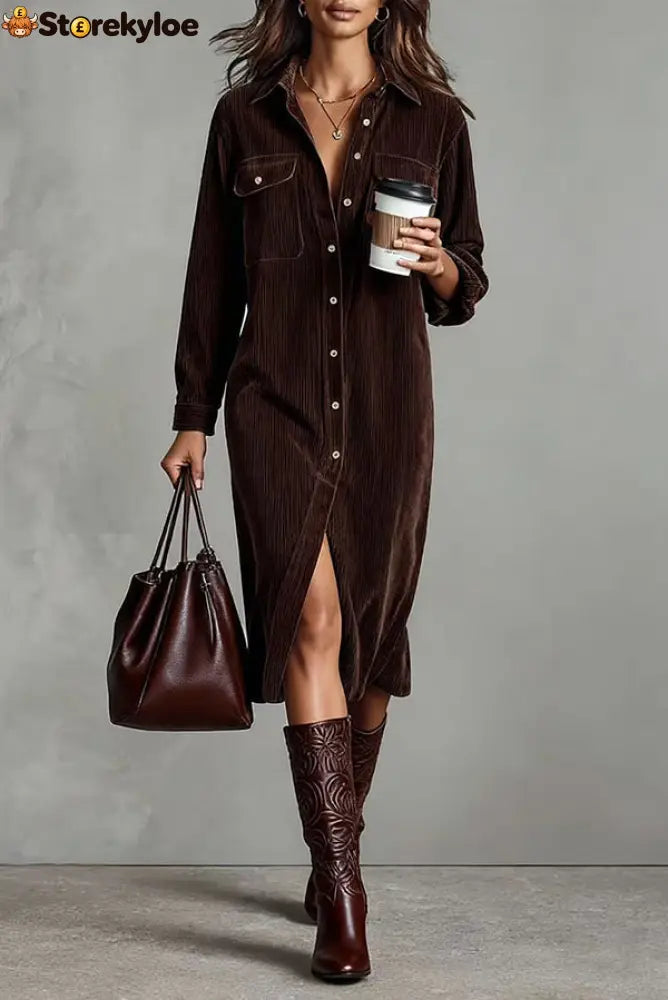 Solid Color Single-Breasted Pocket Casual Shirt-Style Midi Dress - Brown / XS