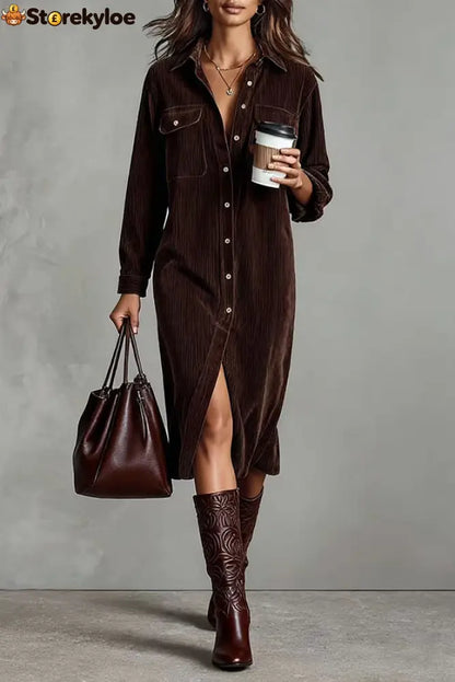 Solid Color Single-Breasted Pocket Casual Shirt-Style Midi Dress - Brown / XS