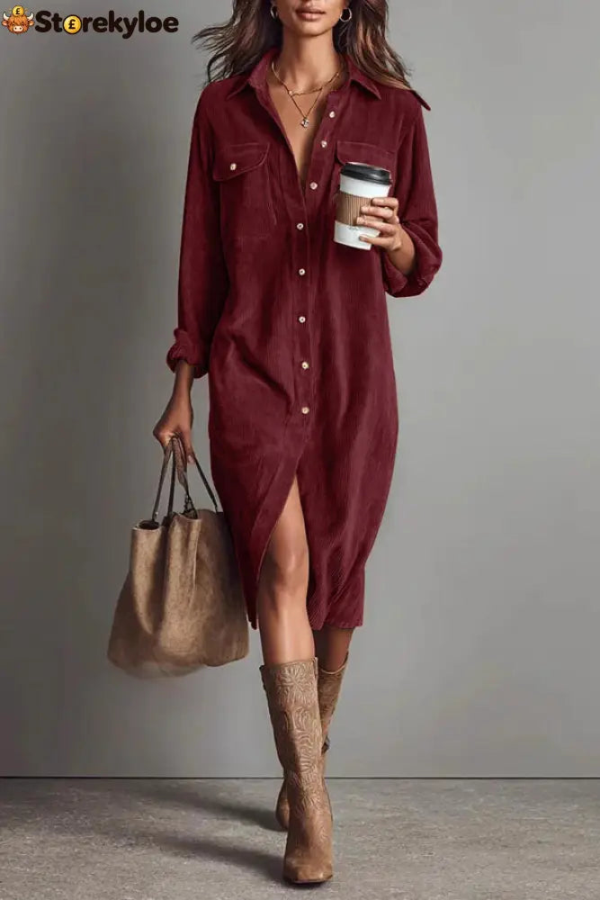 Solid Color Single-Breasted Pocket Casual Shirt-Style Midi Dress - Wine Red / XS
