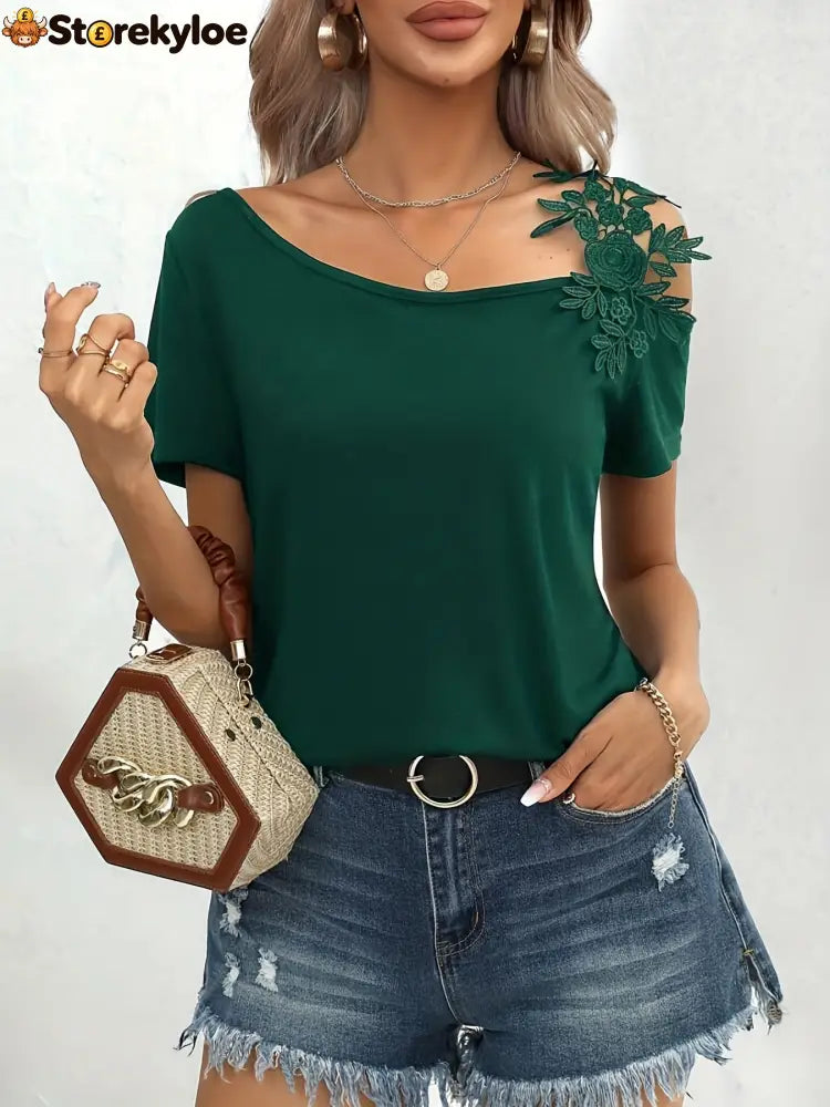 solid color stitching fashion lace T-shirt women’s tops - dark green / S