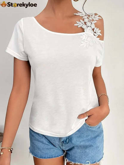 solid color stitching fashion lace T-shirt women’s tops - White / S