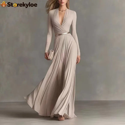 Solid Color Textured Long-Sleeved Elegant Dress For Women With Small Fragrant Waist - Khaki / S