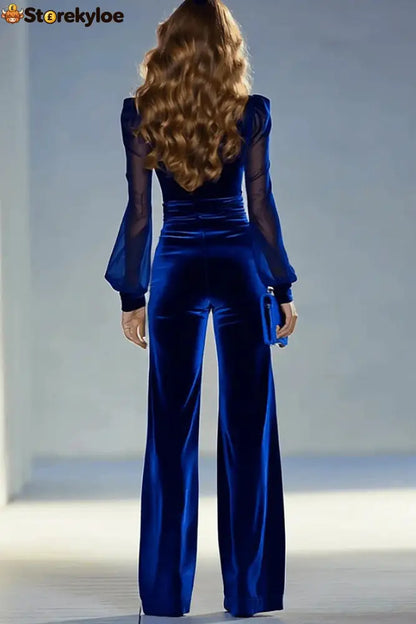 Solid Color Velvet V-neck Long-sleeved Elegant Fitted Jumpsuit